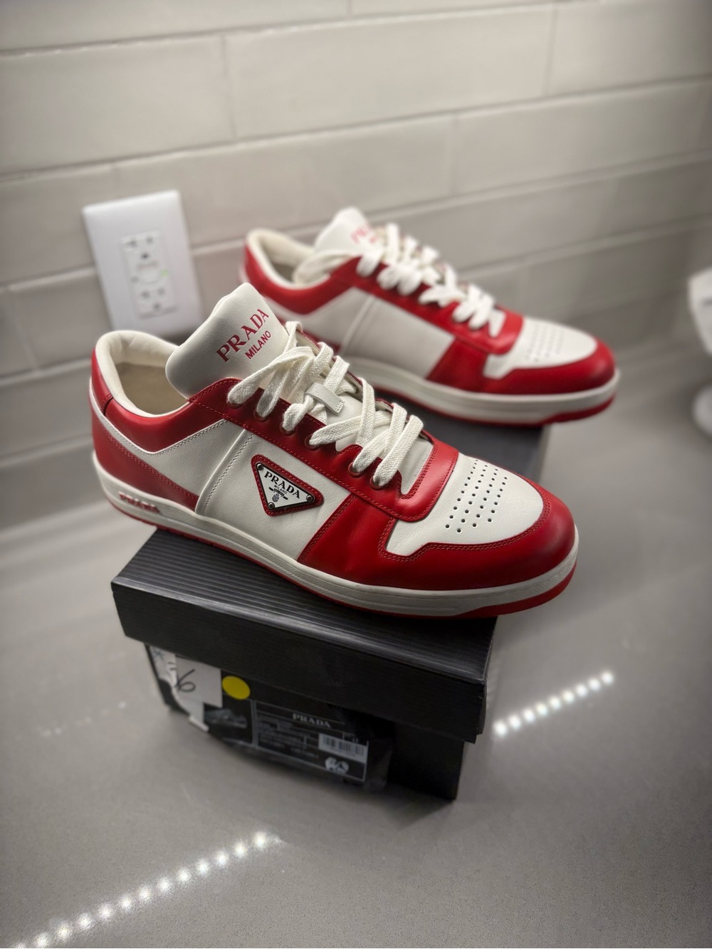 Prada Men's Red and White Low-Top Leather Sneakers size 11